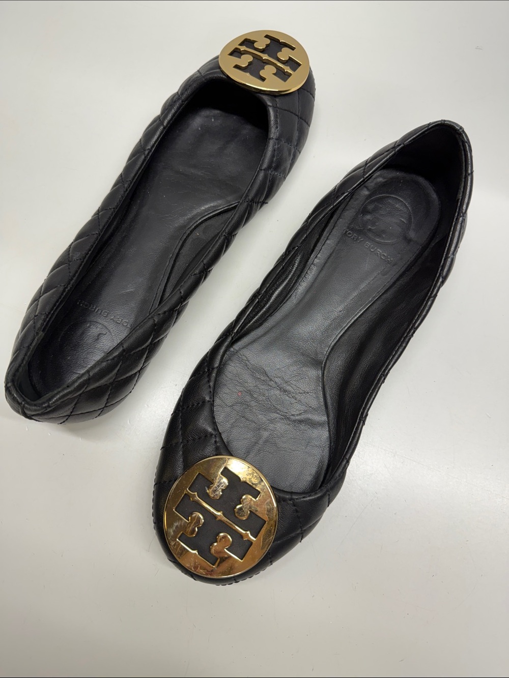 Tory Burch Reva Ballet Flats Slip On Quilted Leather Logo Shoes Black Size 9